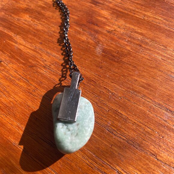 Half-Polished Light Green Oblong Stone Pendant on Black Plated 24 in Chain - Picture 2 of 4